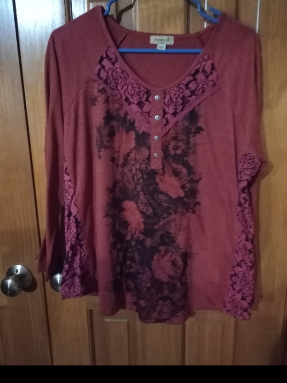 ONE WORLD Burgundy Rose-Print Long Sleeve Henley Top